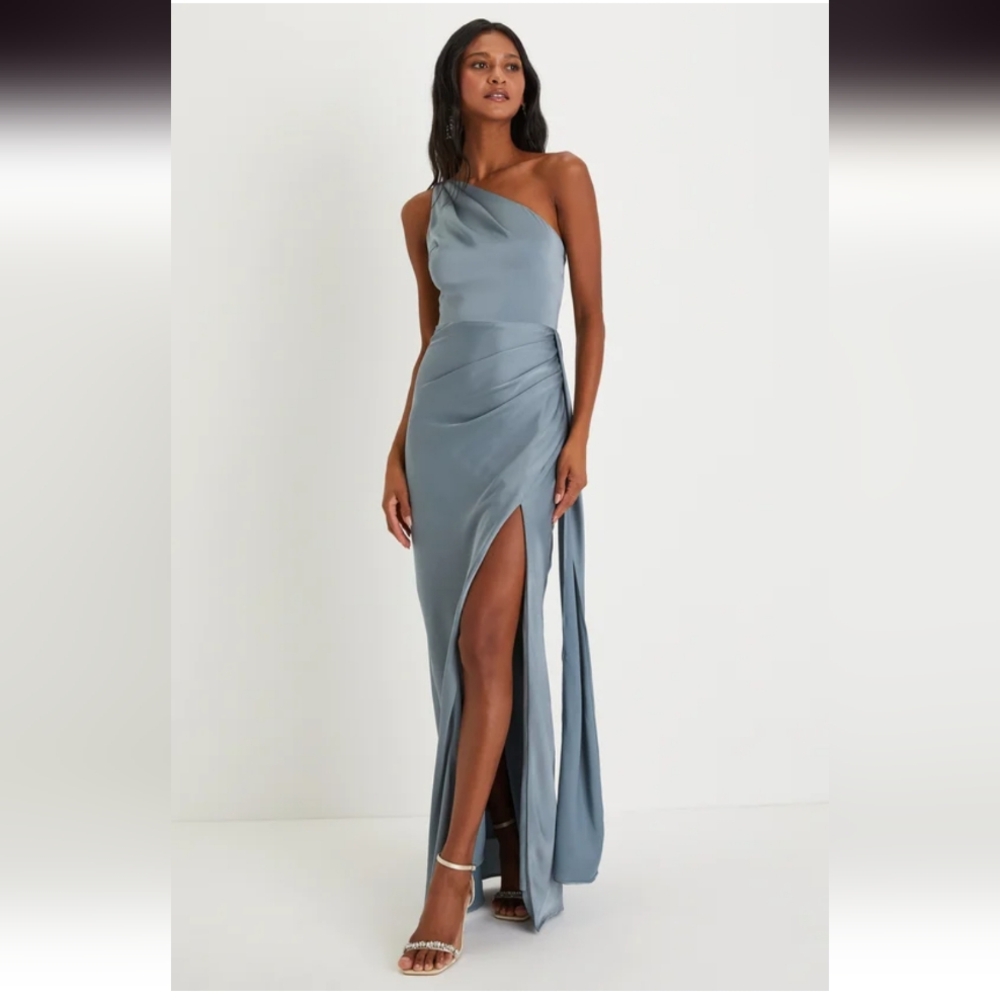 Lulu's Signature Elegance Slate Blue Satin One-Shoulder Maxi Dress